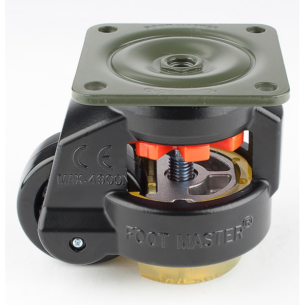 Leveling Caster, 63 mm Nylon Wheel, 90x90 mm Plate, Swivel, 550 kg Cap, PU Foot Pad, Black